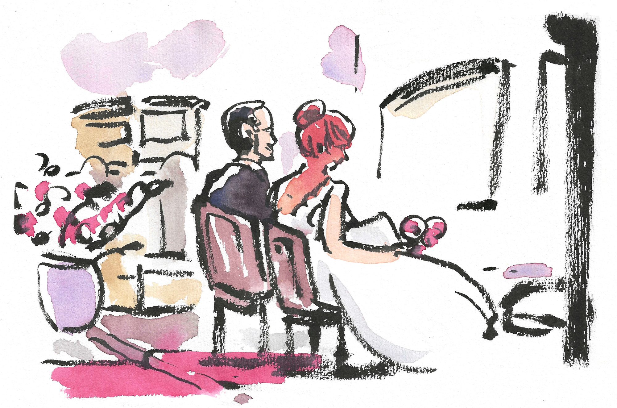 Event Illustration bei einer Hochzeit von einem sitzenden Brautpaar (Mann und Frau), zart koloriert im Aquarellstil, Zeichnung, Zeichner