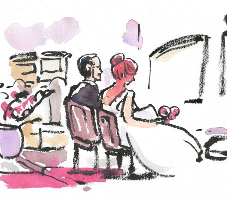 Tuschezeichnung, Brautpaar vor ALtar sitzend, koloriert