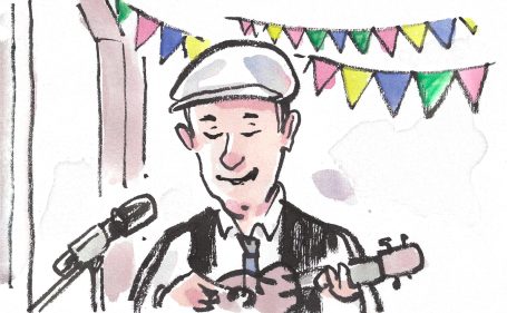 Tuschezeichnung, musikalischer Beitrag eines Hochzeitsgastes mit Ukulele, Wimpelkette im Hintergrund, koloriert