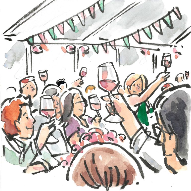 Tuschezeichnung, Große Gästegruppe erhebt ihre Gläser, koloriert