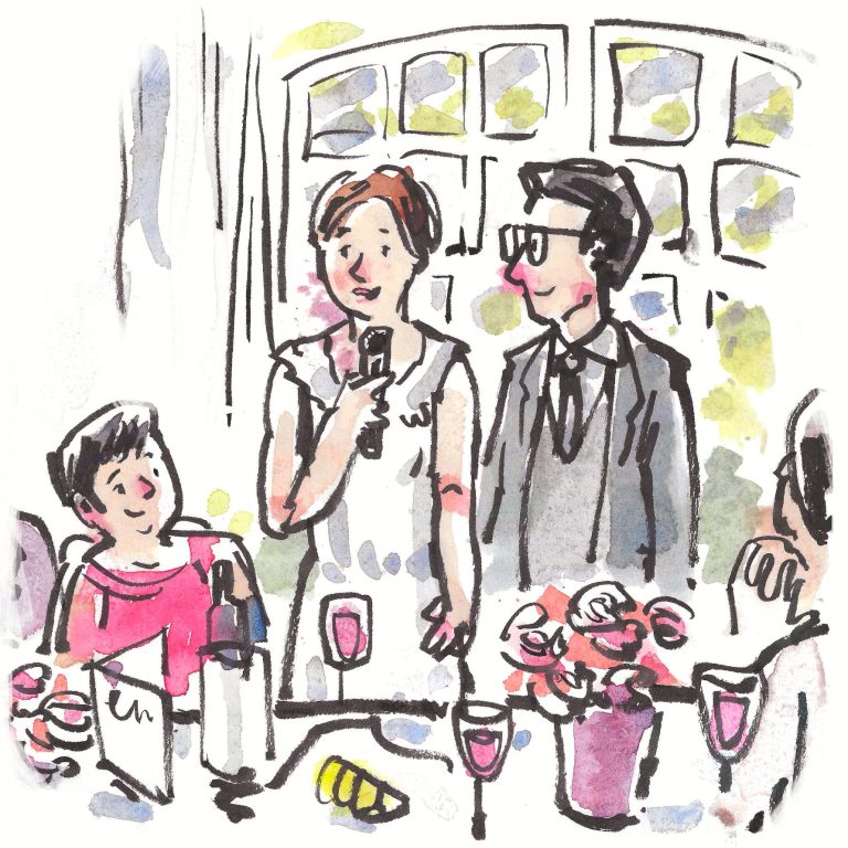 Farbige Zeichnung, Glückliches Brautpaar hält eine Rede vor der Hochzeitsgesellschaft