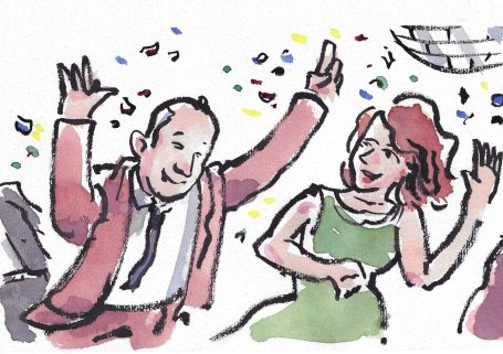 Tuschezeichnung, Hochzeitsgäste tanzen ausgelassen, gute Stimmung, koloriert