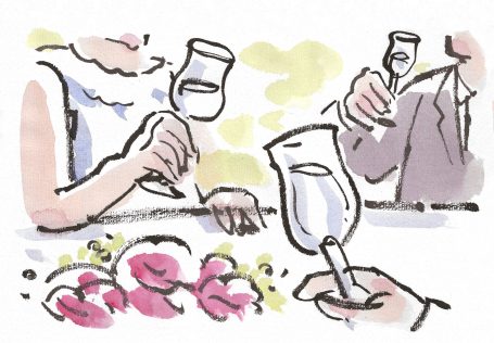 Tuschezeichnung, Hochzeitsgäste stoßen an, koloriert
